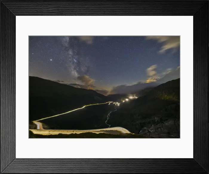 Framed Print : Car lights and milkyway from Furkapass to Grimselpass during summer, Uri, Canton Vallese Framed Print : Car lights and milkyway from Furkapass to Grimselpass during summer, Uri, Canton Vallese