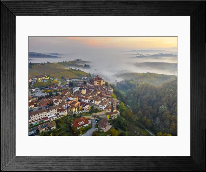 Framed Print : Aerial view of Falletti Castle and Barolo at sunrise during autumn, Cuneo, Langhe e Roero Framed Print : Aerial view of Falletti Castle and Barolo at sunrise during autumn, Cuneo, Langhe e Roero