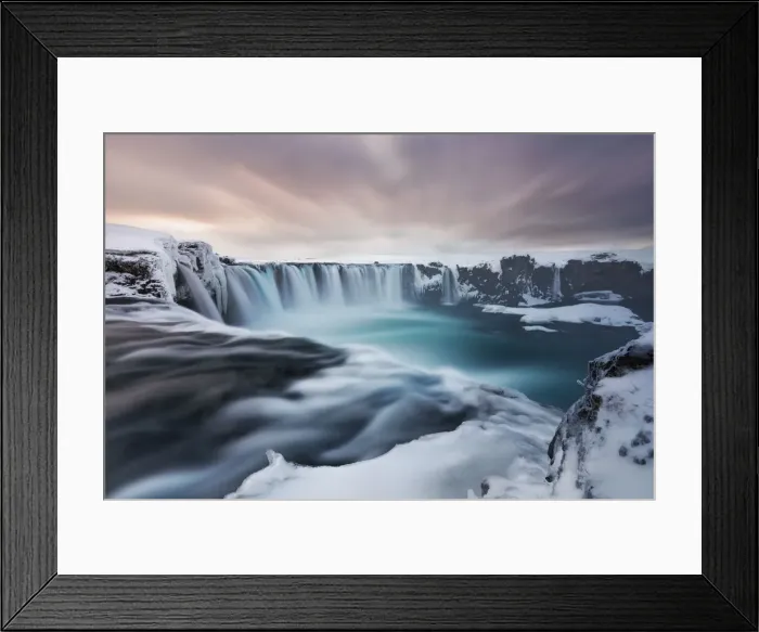 Framed Print : Godafoss waterfall at sunset during winter time, Akureiry, Iceland Framed Print : Godafoss waterfall at sunset during winter time, Akureiry, Iceland