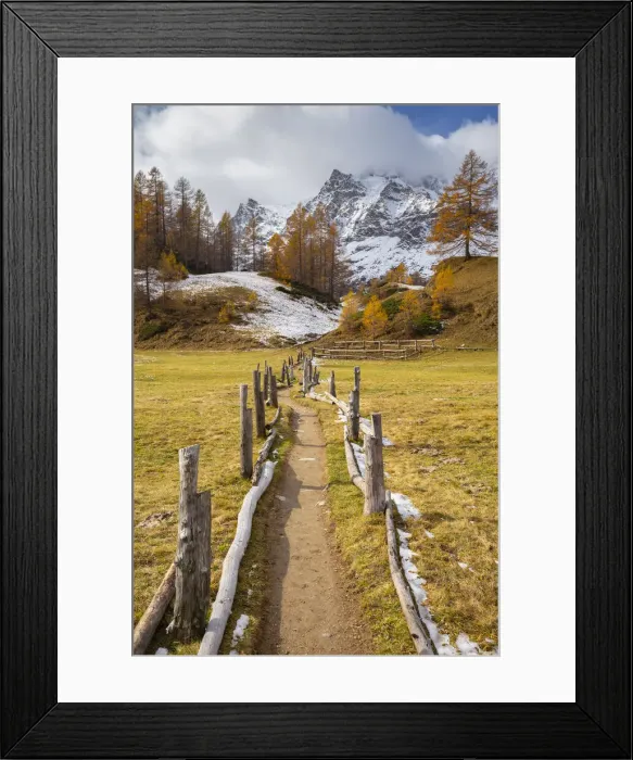 Framed Print : Autumnal view of a trail leading to the mountains surrounding Alpe Devero from Crampiolo Framed Print : Autumnal view of a trail leading to the mountains surrounding Alpe Devero from Crampiolo