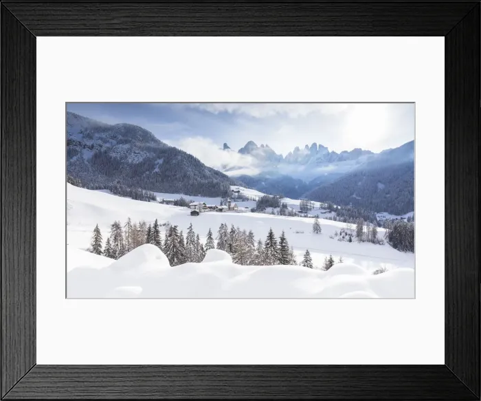 Framed Print : Winter landscape in Villnoss with Geisler Group in the background Framed Print : Winter landscape in Villnoss with Geisler Group in the background