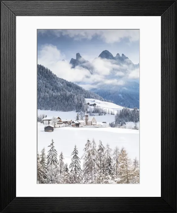 Framed Print : Winter landscape in Villnaoss with Geisler Group in the background Framed Print : Winter landscape in Villnaoss with Geisler Group in the background