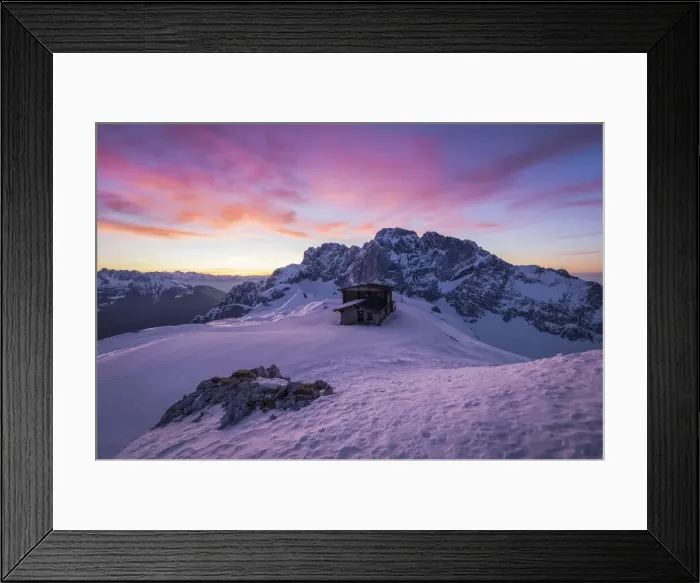 Framed Print : View of the snow-covered north face of the Presolana mountain in winter at sunrise with Framed Print : View of the snow-covered north face of the Presolana mountain in winter at sunrise with