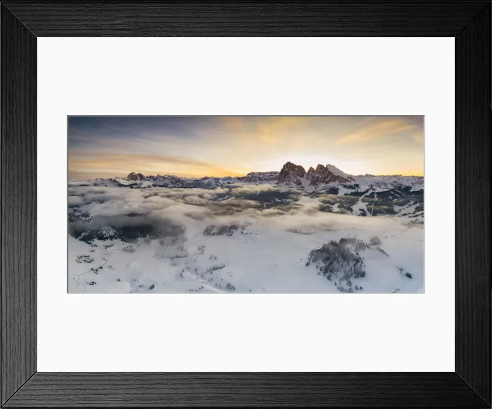 Framed Print : Aerial views of the Alpe di Siusi (Seiser Alm) with the peaks of Sassolungo Framed Print : Aerial views of the Alpe di Siusi (Seiser Alm) with the peaks of Sassolungo