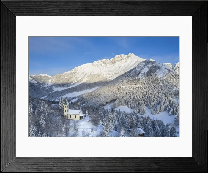 Framed Print : Aerial view of the Silvestri church and the Presolana massif after a winter sunrise