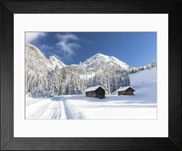 Framed Print : winter landscape in Villnoss with two alpine huts into a snowz forest Framed Print : winter landscape in Villnoss with two alpine huts into a snowz forest