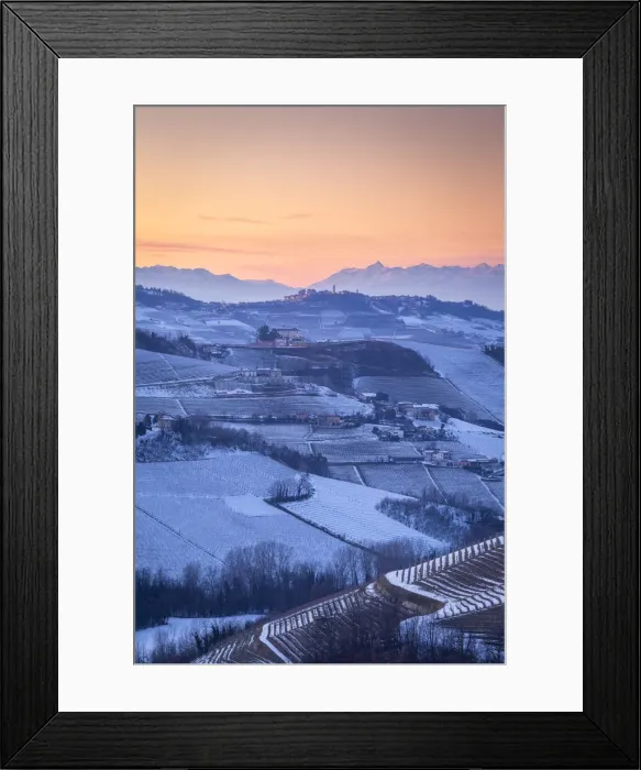Framed Print : Winter sunset on La Morra village viewed from Serralunga d Alba Framed Print : Winter sunset on La Morra village viewed from Serralunga d Alba