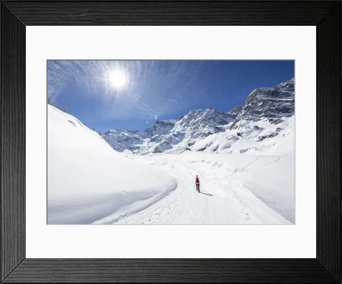Framed Print : A trekker with snowshoes walking on the winter track on Belvedere Glacier at the foot of Framed Print : A trekker with snowshoes walking on the winter track on Belvedere Glacier at the foot of