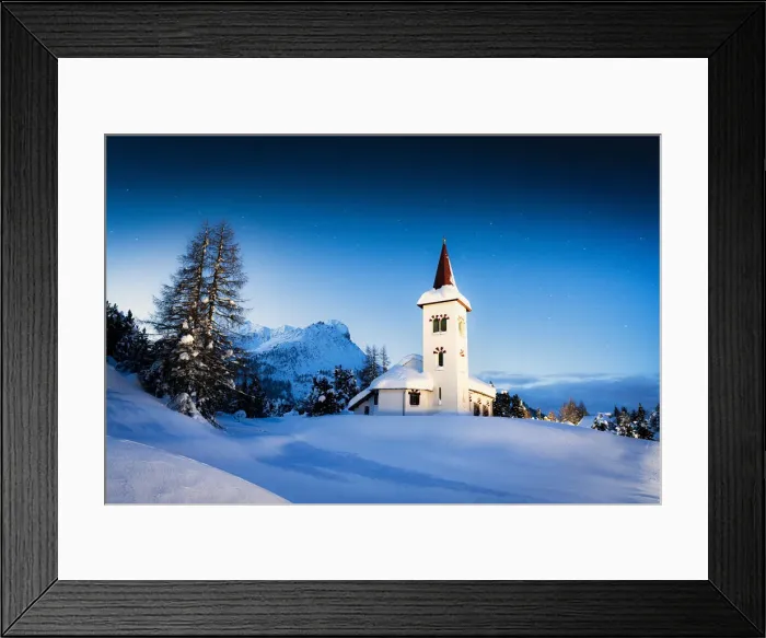 Framed Print : Blue hour at Chiesa Bianca surrounded by snow, Maloja, Bregaglia Valley Framed Print : Blue hour at Chiesa Bianca surrounded by snow, Maloja, Bregaglia Valley
