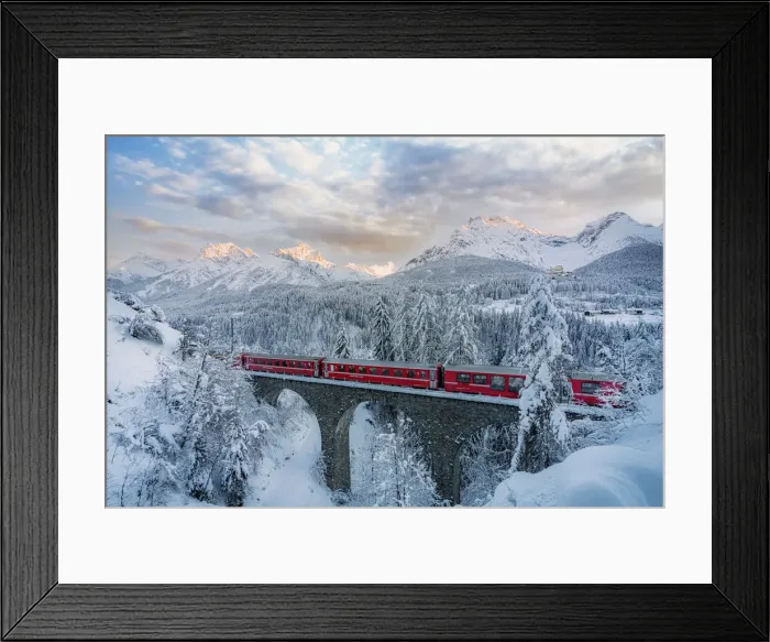 Framed Print : Bernina Express passes on a viaduct near Tarasp, Graubunden, Engadine, Switzerland Framed Print : Bernina Express passes on a viaduct near Tarasp, Graubunden, Engadine, Switzerland