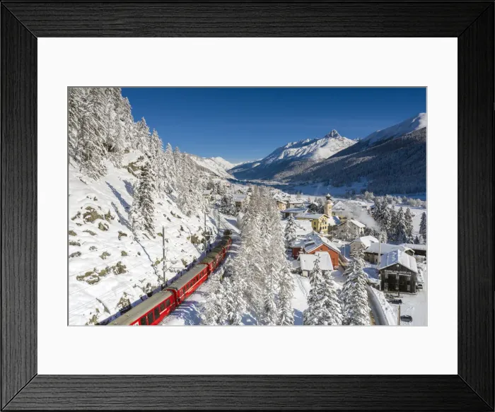 Framed Print : Bernina Express passes in Madulain, Graubunden, Maloja, Switzerland, Europe Framed Print : Bernina Express passes in Madulain, Graubunden, Maloja, Switzerland, Europe