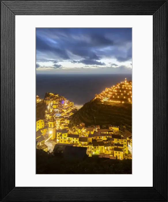 Framed Print : The lights of the sea village of Vernazza with the typical crib on the hill Framed Print : The lights of the sea village of Vernazza with the typical crib on the hill
