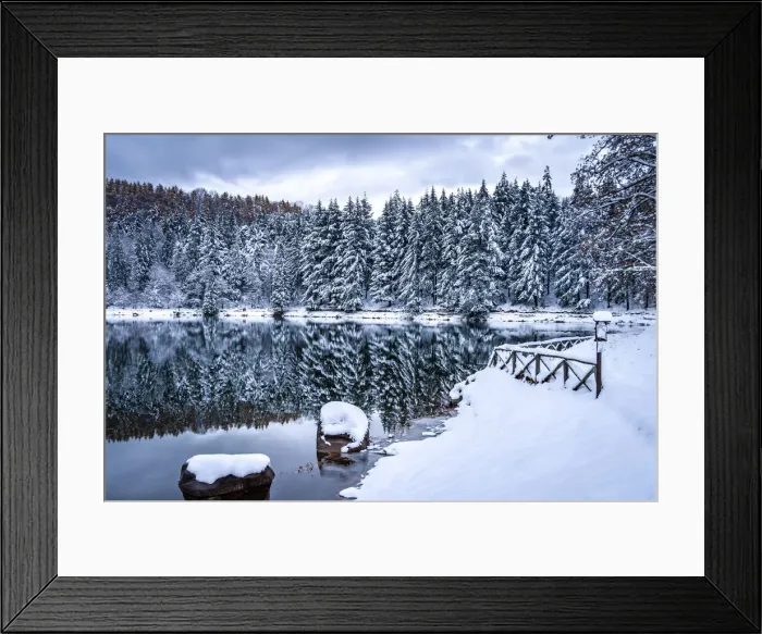 Framed Print : Meugliano lake with fresh snow, Valchiusella, Piedmont, Italy, Europe Framed Print : Meugliano lake with fresh snow, Valchiusella, Piedmont, Italy, Europe