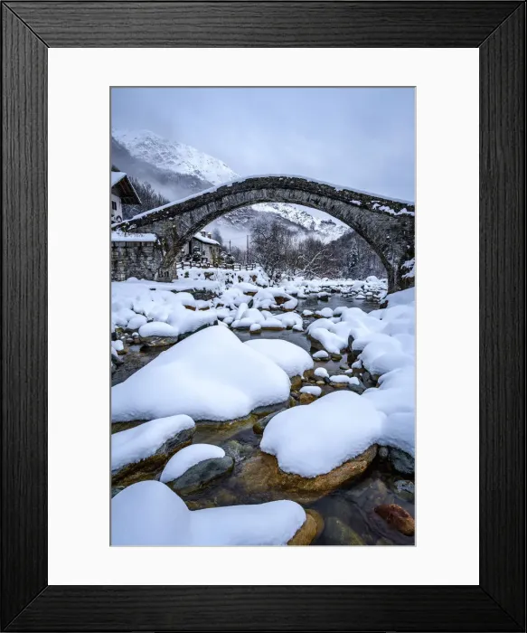 Framed Print : Old (stone, Romanesque) bridge with snow, Fondo, Valchiusella, Piedmont, Italy, Europe Framed Print : Old (stone, Romanesque) bridge with snow, Fondo, Valchiusella, Piedmont, Italy, Europe