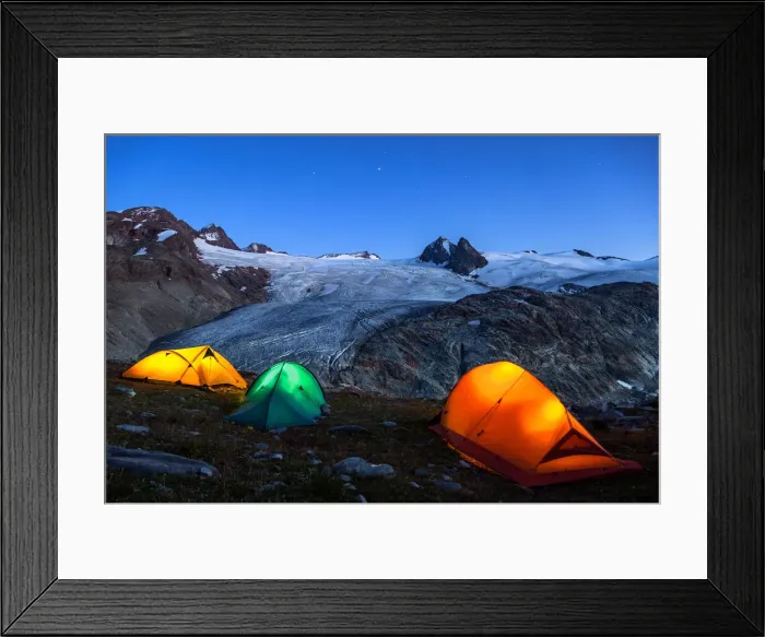 Framed Print : Illuminated tents camping close to Rutor (Ruitor) glacier, (Rutor Framed Print : Illuminated tents camping close to Rutor (Ruitor) glacier, (Rutor
