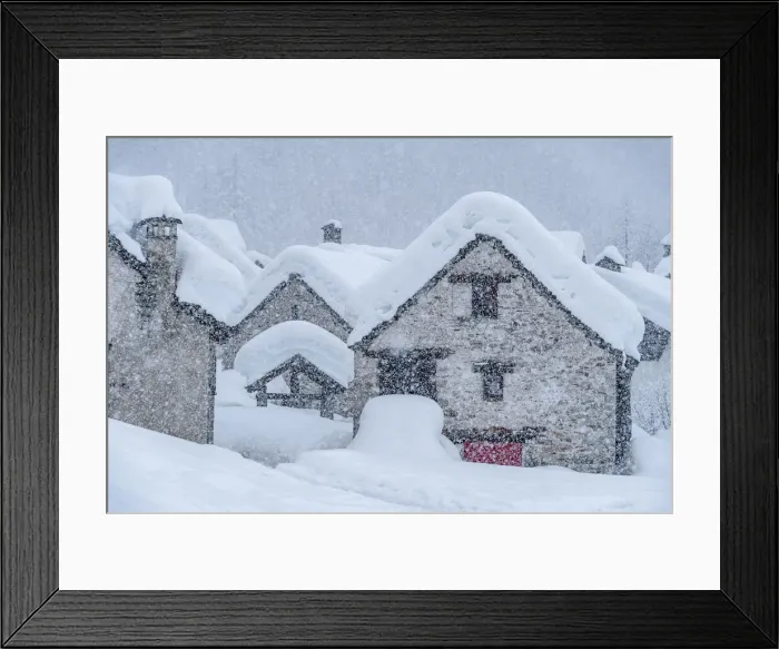 Framed Print : Alpe Devero covered with snow during heavy snowfall, Devero Valley, piedmont, Italy Framed Print : Alpe Devero covered with snow during heavy snowfall, Devero Valley, piedmont, Italy