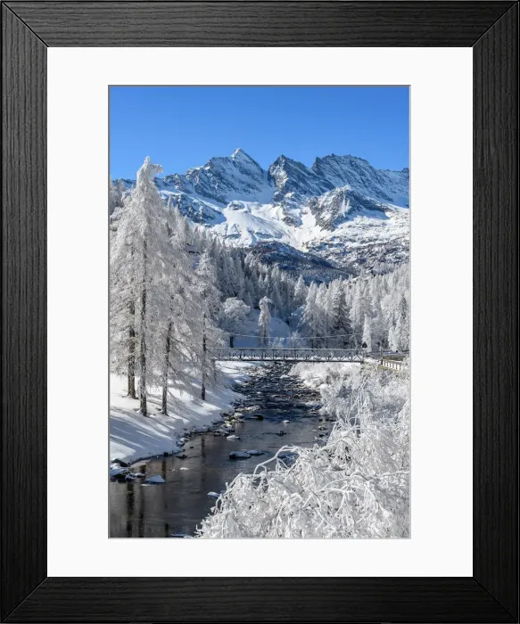 Framed Print : Frozen trees with river on Ceresole Reale, Levanne on background, Orco Valley, Piedmont Framed Print : Frozen trees with river on Ceresole Reale, Levanne on background, Orco Valley, Piedmont