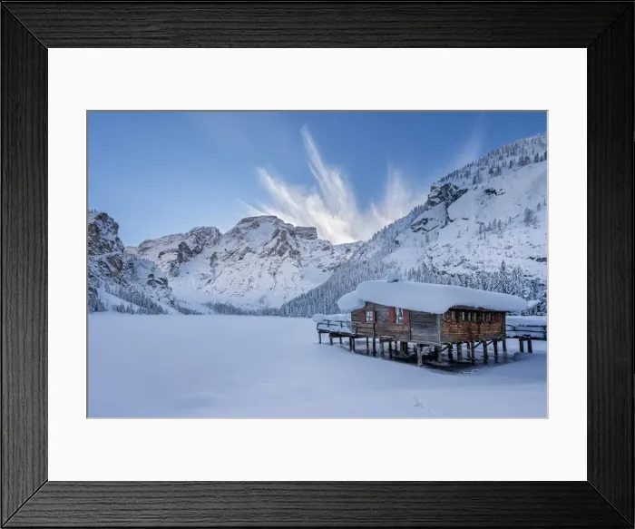 Framed Print : Braies  /  Prags, Dolomites, South Tyrol, Italy. Winter wonderland on Lake Braies