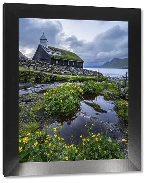 Europe, Denmark, Faroe Islands, Eystoroy, Gjogv: a classic little church on the coastline