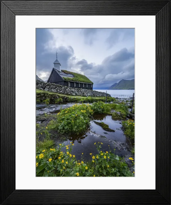 Framed Print : Europe, Denmark, Faroe Islands, Eystoroy, Gjogv: a classic little church on the coastline Framed Print : Europe, Denmark, Faroe Islands, Eystoroy, Gjogv: a classic little church on the coastline
