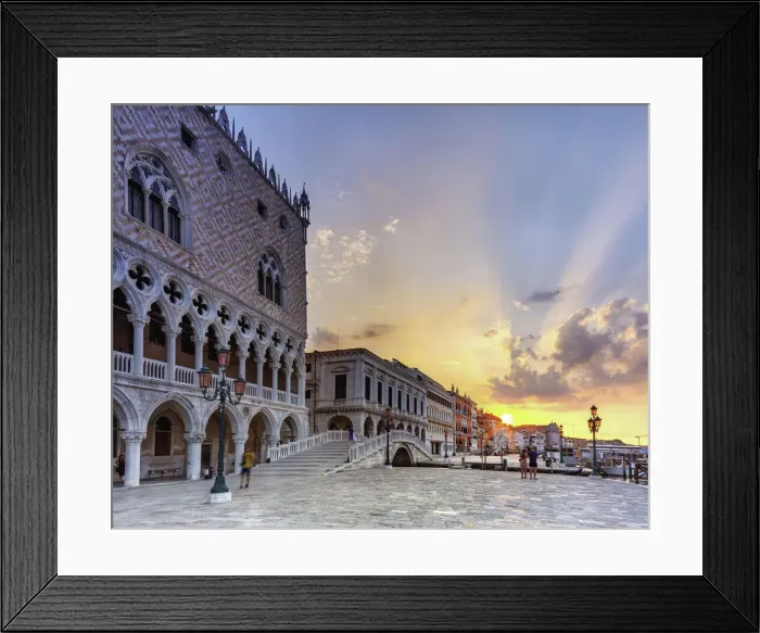 Framed Print : Doges Palace in Venice, Riva degli schiavoni, during the sunrise, with tourists Framed Print : Doges Palace in Venice, Riva degli schiavoni, during the sunrise, with tourists