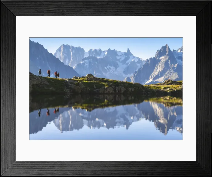 Framed Print : Hikers at Lac des Cheserys in Chamonix Valley, Chamonix Mont Blanc, Haute-Savoie, France Framed Print : Hikers at Lac des Cheserys in Chamonix Valley, Chamonix Mont Blanc, Haute-Savoie, France