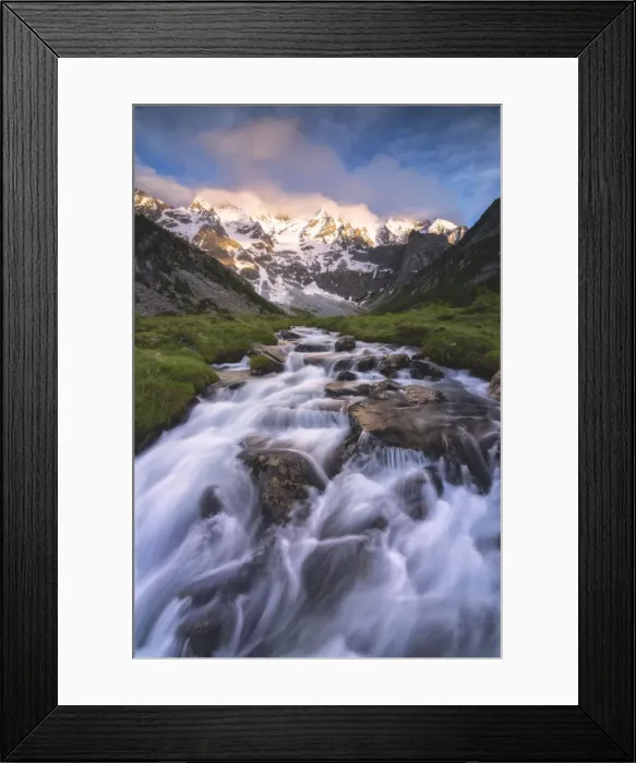 Framed Print : Aviolo river at sunset in spring season, Adamello park in Brescia province Framed Print : Aviolo river at sunset in spring season, Adamello park in Brescia province