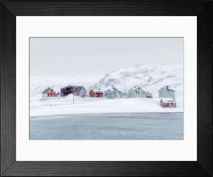 Framed Print : Snow blizzard over the village of Veines and arctic sea, Kongfjord, Varanger Peninsula