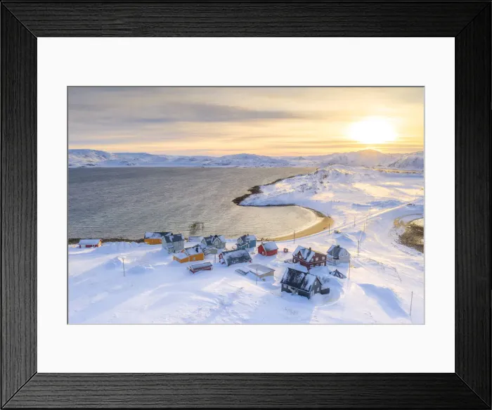Framed Print : Veines village covered with snow lit by sunrise, Kongsfjord, Varanger Peninsula Framed Print : Veines village covered with snow lit by sunrise, Kongsfjord, Varanger Peninsula