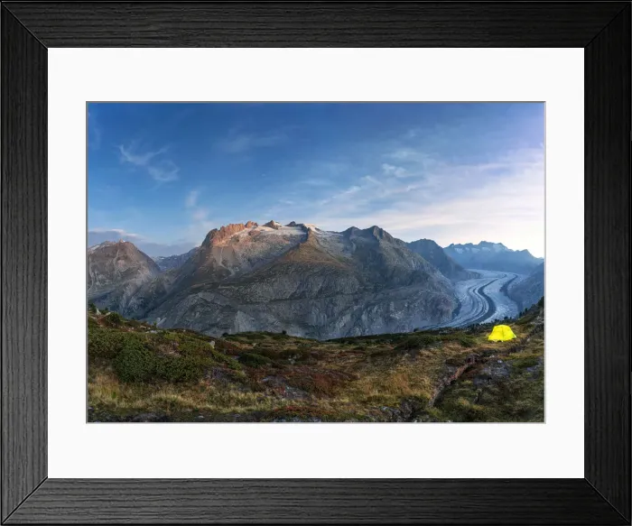 Framed Print : Tent of hikers on mountain ridge at the Hohfluh viewpoint above Aletsch Glacier Framed Print : Tent of hikers on mountain ridge at the Hohfluh viewpoint above Aletsch Glacier