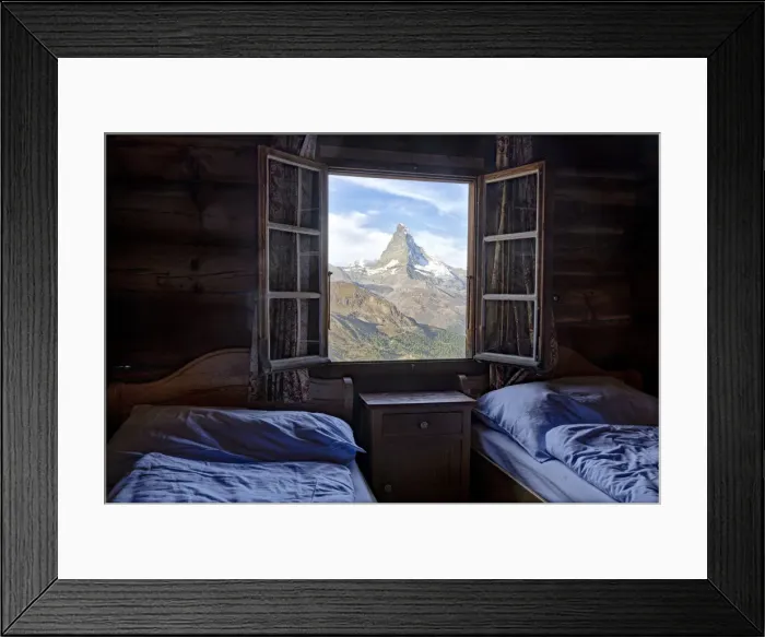 Framed Print : Majestic Matterhorn peak seen from bedroom window of Fluhalp hut hotel, Zermatt Framed Print : Majestic Matterhorn peak seen from bedroom window of Fluhalp hut hotel, Zermatt