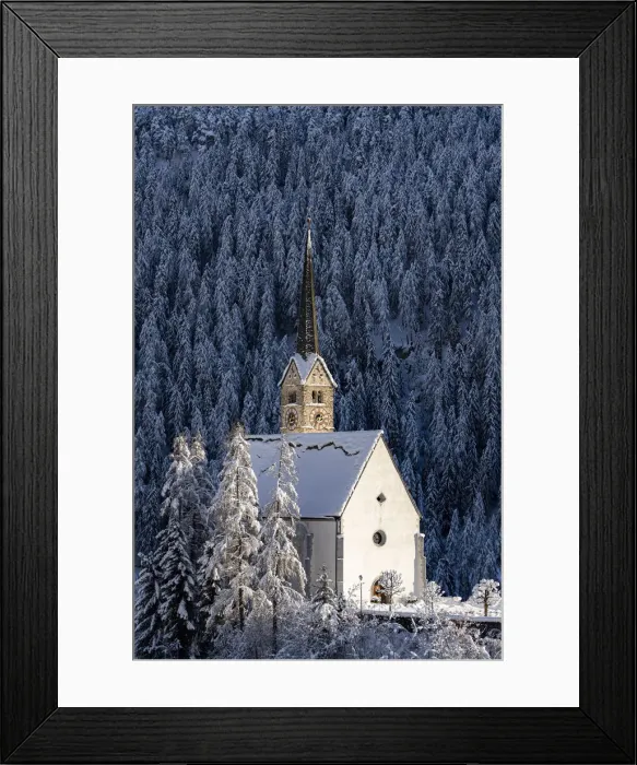 Framed Print : Trees covered with snow in the forest surrounding the Church of San Geer, Scuol Framed Print : Trees covered with snow in the forest surrounding the Church of San Geer, Scuol