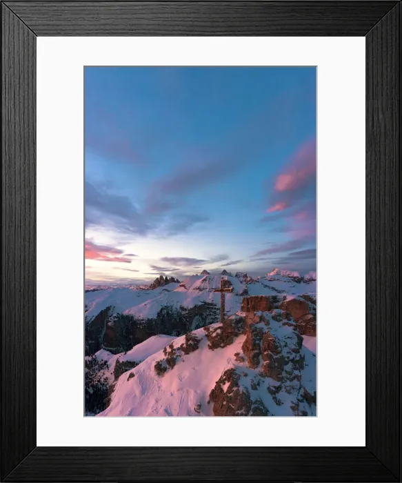 Framed Print : Sunset over the summit cross on Gran Cir mountain covered with snow Framed Print : Sunset over the summit cross on Gran Cir mountain covered with snow