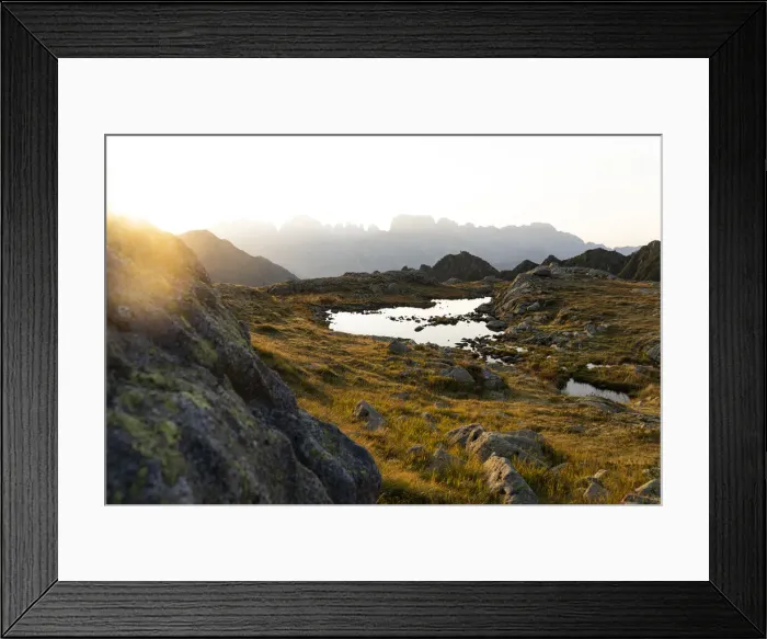 Framed Print : Foggy sunrise over Brenta Dolomites view from Rifugio Cornisello Framed Print : Foggy sunrise over Brenta Dolomites view from Rifugio Cornisello