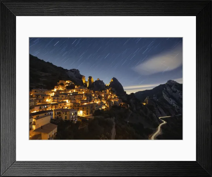 Framed Print : Star trail in the night sky over the old village of Castelmezzano, Dolomiti Lucane Framed Print : Star trail in the night sky over the old village of Castelmezzano, Dolomiti Lucane