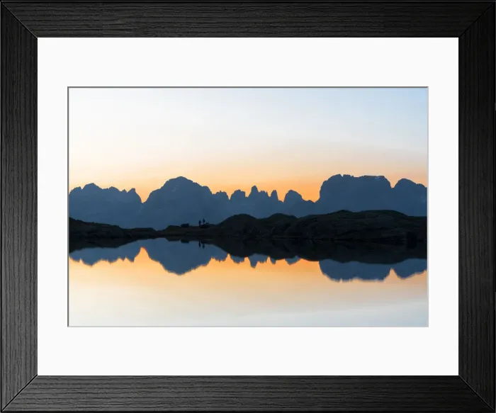 Framed Print : Silhouettes of hikers admiring Brenta Dolomites at dawn from Lago Nero di Cornisello Framed Print : Silhouettes of hikers admiring Brenta Dolomites at dawn from Lago Nero di Cornisello
