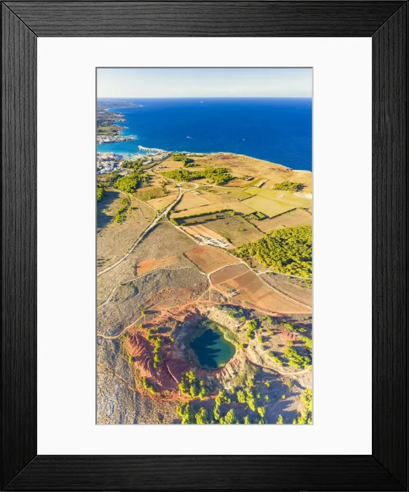 Framed Print : Aerial view of emerald lake and bauxite quarry with crystal clear sea on background Framed Print : Aerial view of emerald lake and bauxite quarry with crystal clear sea on background