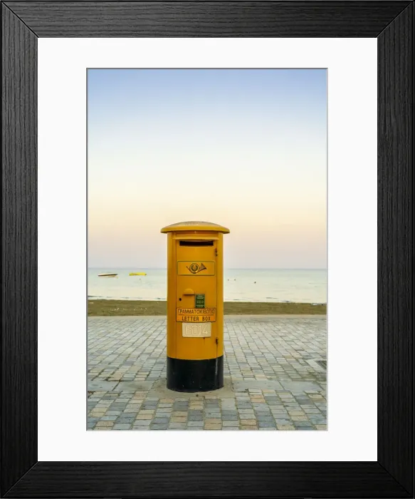 Framed Print : Yellow Post Box and the Mediterranean Sea, Larnaca, Cyprus Framed Print : Yellow Post Box and the Mediterranean Sea, Larnaca, Cyprus