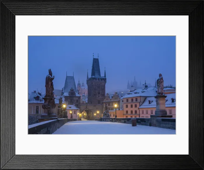 Framed Print : Mala Strana Bridge Tower at snow-covered Charles Bridge at twilight in winter, Prague Framed Print : Mala Strana Bridge Tower at snow-covered Charles Bridge at twilight in winter, Prague