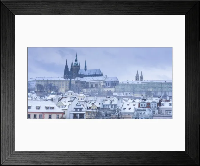 Framed Print : Scenic view of Prague Castle and snow-covered roofs in winter, Prague, Bohemia Framed Print : Scenic view of Prague Castle and snow-covered roofs in winter, Prague, Bohemia