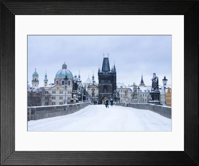 Framed Print : Snow-covered Charles Bridge and Old Town Bridge Tower in winter, Prague, Bohemia Framed Print : Snow-covered Charles Bridge and Old Town Bridge Tower in winter, Prague, Bohemia