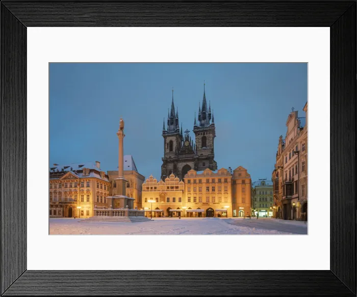 Framed Print : Church of our lady before Tyn at snow-covered Old Town Square at twilight in winter Framed Print : Church of our lady before Tyn at snow-covered Old Town Square at twilight in winter