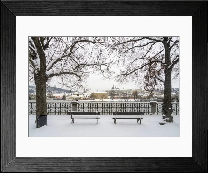 Framed Print : Empty benches facing view of Prague Castle in winter, Prague, Bohemia, Czech Republic Framed Print : Empty benches facing view of Prague Castle in winter, Prague, Bohemia, Czech Republic