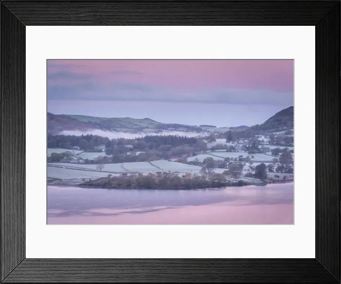 Framed Print : Pink dawn sky above frost covered countryside on the shores of Crummock Water in the Lake Framed Print : Pink dawn sky above frost covered countryside on the shores of Crummock Water in the Lake