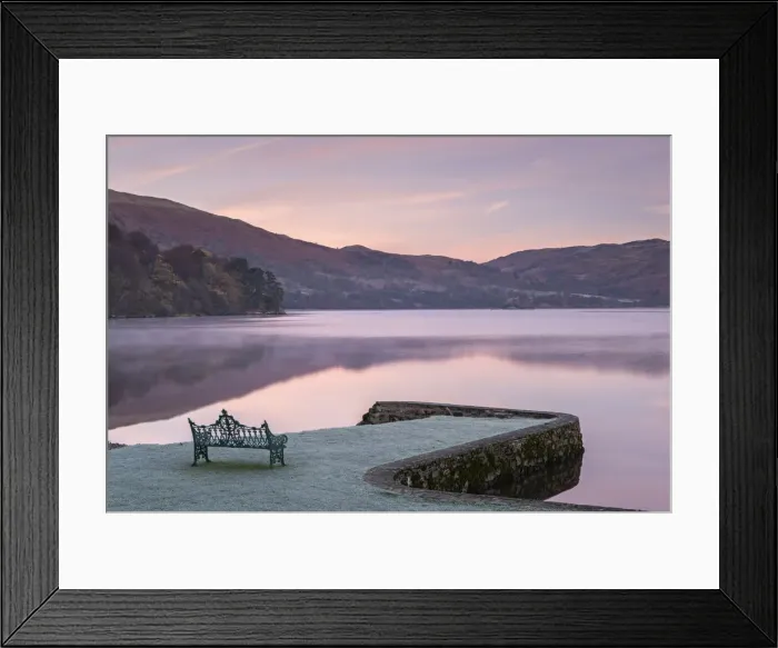 Framed Print : Bench on Ullswater at dawn on a frosty winter morning, Lake District, Cumbria, England Framed Print : Bench on Ullswater at dawn on a frosty winter morning, Lake District, Cumbria, England