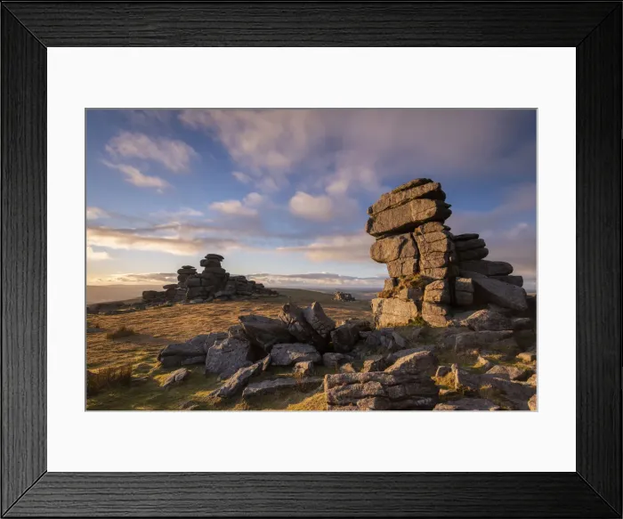 Framed Print : Evening sunlight on the granite pillars of Great Staple Tor, Dartmoor, Devon, England Framed Print : Evening sunlight on the granite pillars of Great Staple Tor, Dartmoor, Devon, England