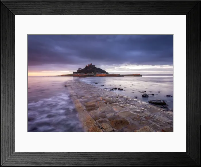 Framed Print : Stone causeway leading to St Michaels Mount at dawn, Cornwall, England