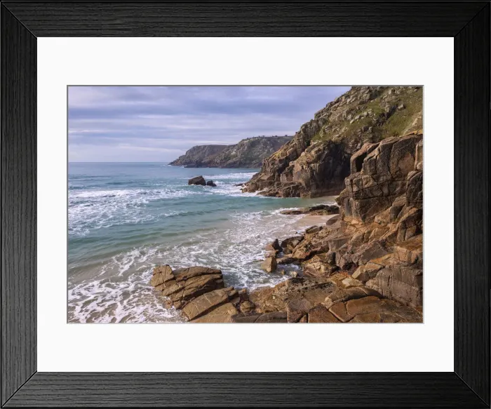 Framed Print : Granite cliffs at Pedn Vounder beach in West Cornwall, England Framed Print : Granite cliffs at Pedn Vounder beach in West Cornwall, England