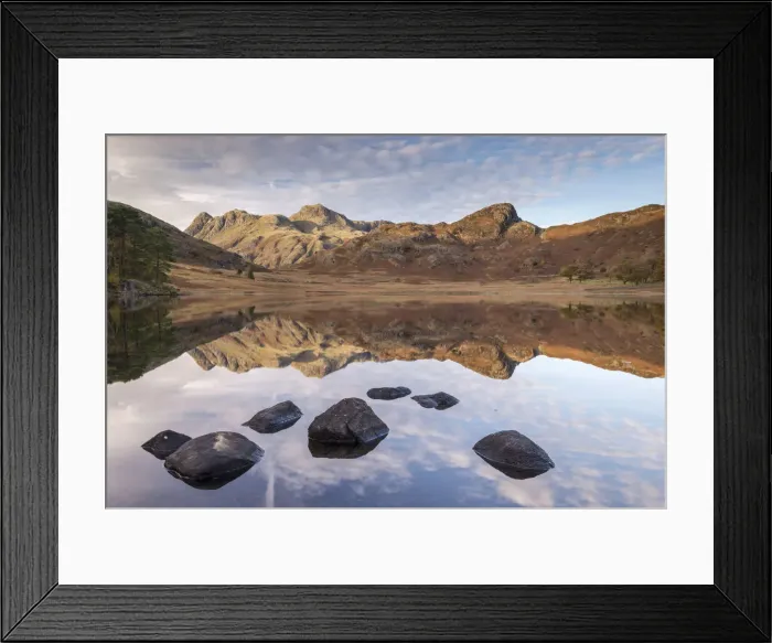 Framed Print : The Langdale Pikes mountains reflected in the mirror still water of Blea Tarn Framed Print : The Langdale Pikes mountains reflected in the mirror still water of Blea Tarn