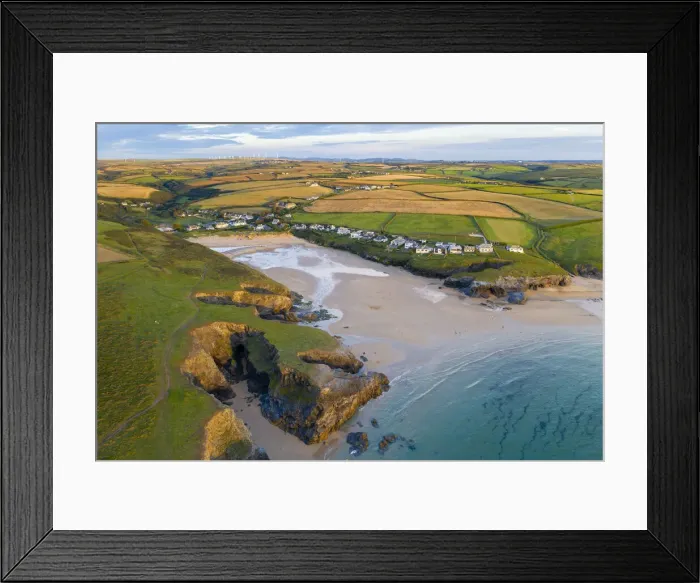 Framed Print : Aerial vista of Porthcothan Bay on the North Cornish coast, Cornwall, England Framed Print : Aerial vista of Porthcothan Bay on the North Cornish coast, Cornwall, England